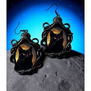 Black Cat Earrings - Gothic Oversized Statement Jewelry Full Moon and Black Cat